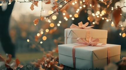 Gift box ribbon autumn sparkling light festive celebration outdoor nature present decoration create warm festive mood with sparkling lights and beautifully wrapped gift boxes under autumn leaves