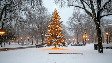 Christmas tree snow winter park lights outdoor festive holiday evening glowing peaceful serene celebration nature cold illuminated seasonal tranquil snowy urban decoration pine landscape beautiful