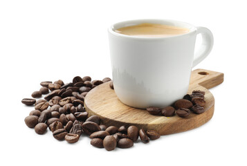 Cup of aromatic coffee and roasted beans isolated on white