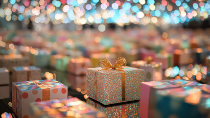 Glittering gift box with gold ribbon surrounded by colorful presents, festive bokeh lights create joyful holiday atmosphere, perfect for Christmas celebration scenes