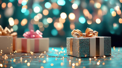 Sparkling gift box with gold ribbon sits on festive table, surrounded by glowing Christmas lights and blurred bokeh background, creating joyful holiday atmosphere