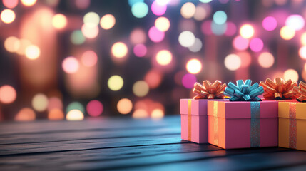 Colorful gift boxes with shiny bows sit on wooden table, vibrant Christmas lights reflecting in background, creating festive and joyful holiday atmosphere