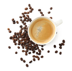 Cup of aromatic coffee and roasted beans on white background, flat lay