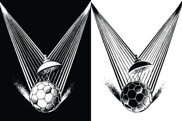 Vintage soccer badge template with blank ribbon for text edit. Retro football emblem t-shirt design with grunge texture. Monochrome engraving style vector illustration.