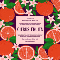 Citrus fruit illustration with grapefruits, slices, flowers, and green leaves framing a central text area. Perfect for food packaging, posters, covers, labels, summer ads, and organic branding.