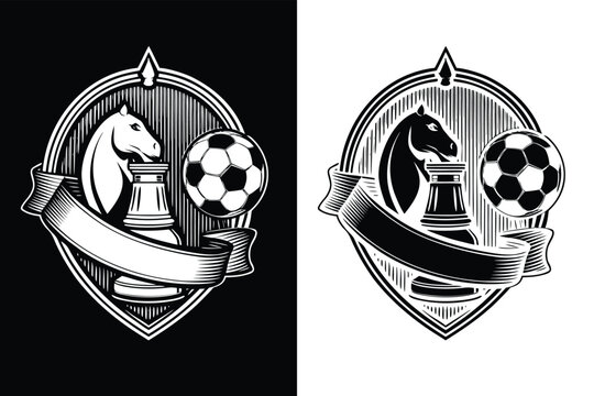 Vintage soccer badge template with blank ribbon for text edit. Retro football emblem t-shirt design with grunge texture. Monochrome engraving style vector illustration. - Powered by Adobe