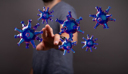 Conceptual illustration of a person touching futuristic virus models. Depicts concepts like infection, medical