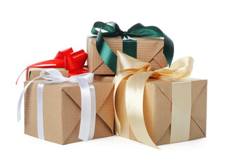 Beautiful gift boxes with bows isolated on white