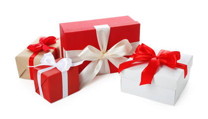 Beautiful gift boxes with bows isolated on white