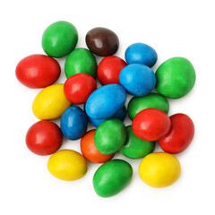 Pile of delicious colorful candies isolated on white, top view