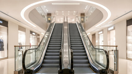 Modern escalator in a stylish shopping mall, featuring sleek glass railings and illuminated ceiling, inviting shoppers to explore multiple levels of retail space