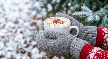 Hands in gray mittens holding a mug of hot cocoa with whipped cream in falling snow.