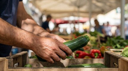 Close up view of male hands selecting fresh green zucchini from wooden crate at outdoor farmers market selling organic vegetables and healthy food