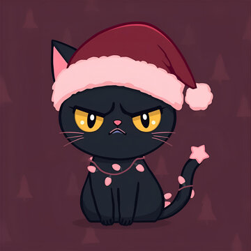 Grumpy Black Cat in Burgundy Santa Hat &ndash; Cute Holiday Cartoon Illustration