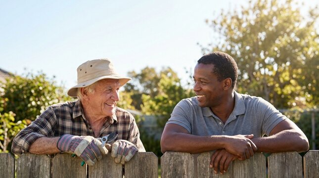 Elderly Caucasian man in hat and gardening gloves talking to African American male neighbor over a wooden backyard fence on a sunny day in summer
