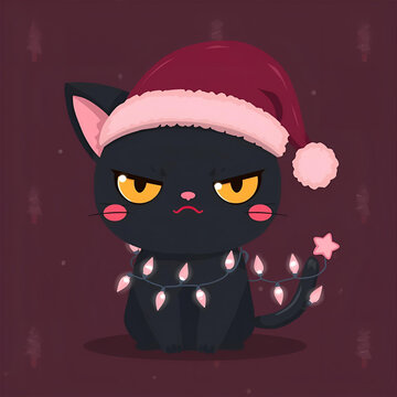Grumpy Black Cat in Burgundy Santa Hat &ndash; Cute Holiday Cartoon Illustration