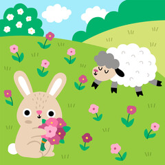 Vector Easter village square landscape. Rural nature scene with bunny on the meadow gathering flowers. Spring holiday background for kids with sheep, blooming trees, sunny day