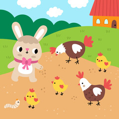 Vector Easter village square landscape. Rural nature scene with bunny feeding chicks and hens. Spring holiday background for kids with country cottage, farm birds pecking seeds, sunny day