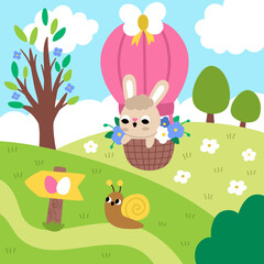 Vector Easter village square landscape. Rural nature scene with bunny flying on hot air balloon. Spring holiday background for kids with egg hunt sign, snail, blooming tree