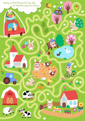 Easter village maze for children with hen on car going to bunny with chick. Funny labyrinth game with cute bird. Spring holiday printable activity, worksheet with rural country scene, roads