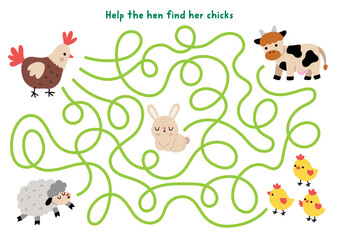 Easter village maze for children with hen going to her chicks. Funny labyrinth game with cute farm bird and animals. Spring holiday printable activity, worksheet with sheep, cow, bunny