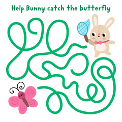 Easter village maze for children with bunny catching butterfly with net. Funny simple square labyrinth game with cute hare. Spring holiday printable activity, worksheet with rabbit