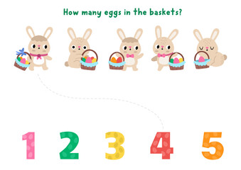 Match the numbers simple Easter game with bunny baskets with colored eggs. Spring holiday math activity for preschool kids. Educational counting worksheet with cute animals