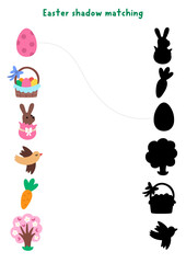 Easter village shadow matching activity with holiday symbols. Spring puzzle with cute chocolate bunny, egg, basket, bird, carrot, tree. Find correct silhouette printable worksheet, game, page for kids