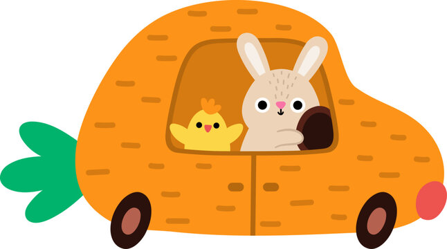 Vector Easter bunny driving a carrot shaped car with chick passenger icon. Rabbit driver picture. Cute spring or farm animal illustration for kids. Funny hare clipart isolated on white background
