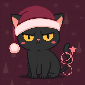 Soft Pastel Annoyed Black Cat in Cozy Santa Hat &ndash; Cute Christmas Cartoon Illustration