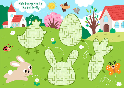 Easter village maze for children with geometrical chick, carrot, bunny, egg. Funny labyrinth game with cute hare. Spring holiday printable activity, worksheet with rural country scene, cottage, church