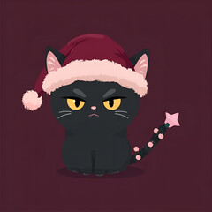 Soft Pastel Annoyed Black Cat in Cozy Santa Hat &ndash; Cute Christmas Cartoon Illustration