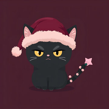 Soft Pastel Annoyed Black Cat in Cozy Santa Hat &ndash; Cute Christmas Cartoon Illustration
