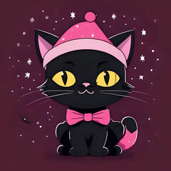 Soft Pastel Annoyed Black Cat in Cozy Santa Hat &ndash; Cute Christmas Cartoon Illustration