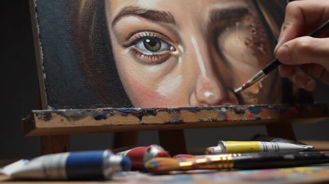 Artist's hand meticulously painting an eye on a canvas, creative process