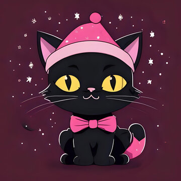 Soft Pastel Annoyed Black Cat in Cozy Santa Hat &ndash; Cute Christmas Cartoon Illustration