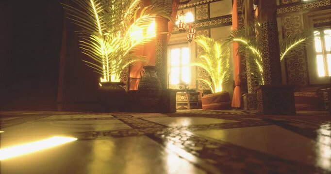 A beautifully decorated indoor space showcases intricate tile work, warm lighting, and lively green plants. The rich colors create an inviting atmosphere, highlighting Moroccan design.
