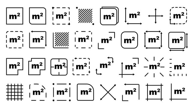 Square meter icon m2 in a clean outline style, representing area measurement and land dimension. Simple pictogram for real estate, construction, architecture, mapping, and property size indication. 