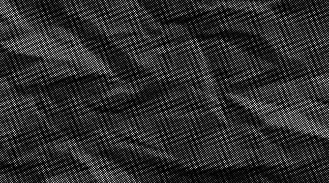 Halftone crumpled paper texture with wite a dotted, rough, and wrinkled surface. Black creased sheet background in comic pop-art style, featuring grainy folds and gritty distressed details.
