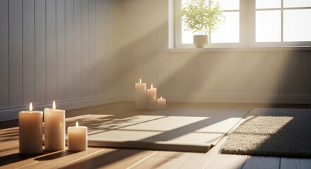 Serene room with candles and sunlight creating a peaceful atmosphere for meditation or relaxation