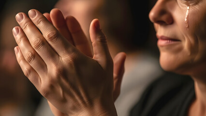Emotional person in an audience clapping with tears. Close-up of hands applauding a moving performance. Concept of heartfelt appreciation and admiration