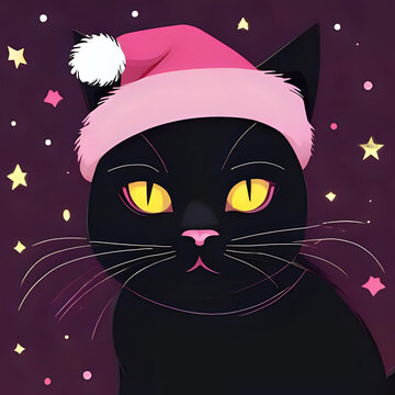 Soft Pastel Annoyed Black Cat in Cozy Santa Hat &ndash; Cute Christmas Cartoon Illustration