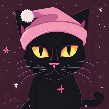 Grumpy Black Cat in Burgundy Santa Hat &ndash; Cute Holiday Cartoon Illustration
