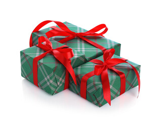 Beautiful gift boxes wrapped in paper with checkered pattern isolated on white