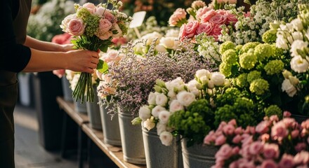 Florist arranging flowers in buckets at flower shop