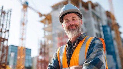 Construction worker overseeing urban development site

