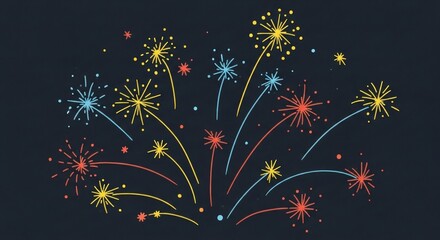 Vibrant fireworks explode across a dark night sky, celebrating a festive occasion with colorful bursts of light