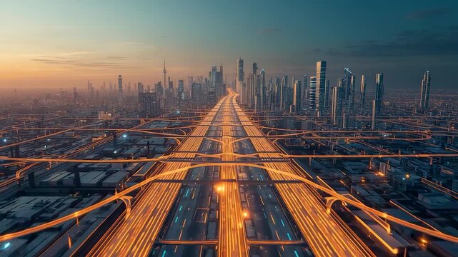 Aerial highway corridor cutting through a modern megacity at sunset with glowing traffic streams, expansive skyline, and advanced urban infrastructure
