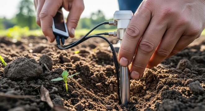 Soil moisture sensor in use, farmer checking soil moisture content in the field
