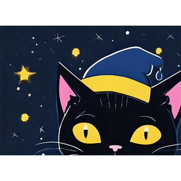 Soft Pastel Annoyed Black Cat in Cozy Santa Hat &ndash; Cute Christmas Cartoon Illustration